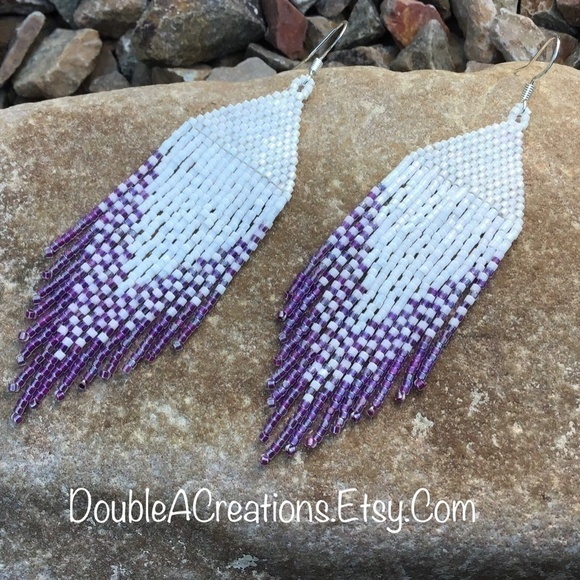 Purple Rainbow Lined and White Beaded Earrings, New, Handmade by Me - Picture 5 of 7